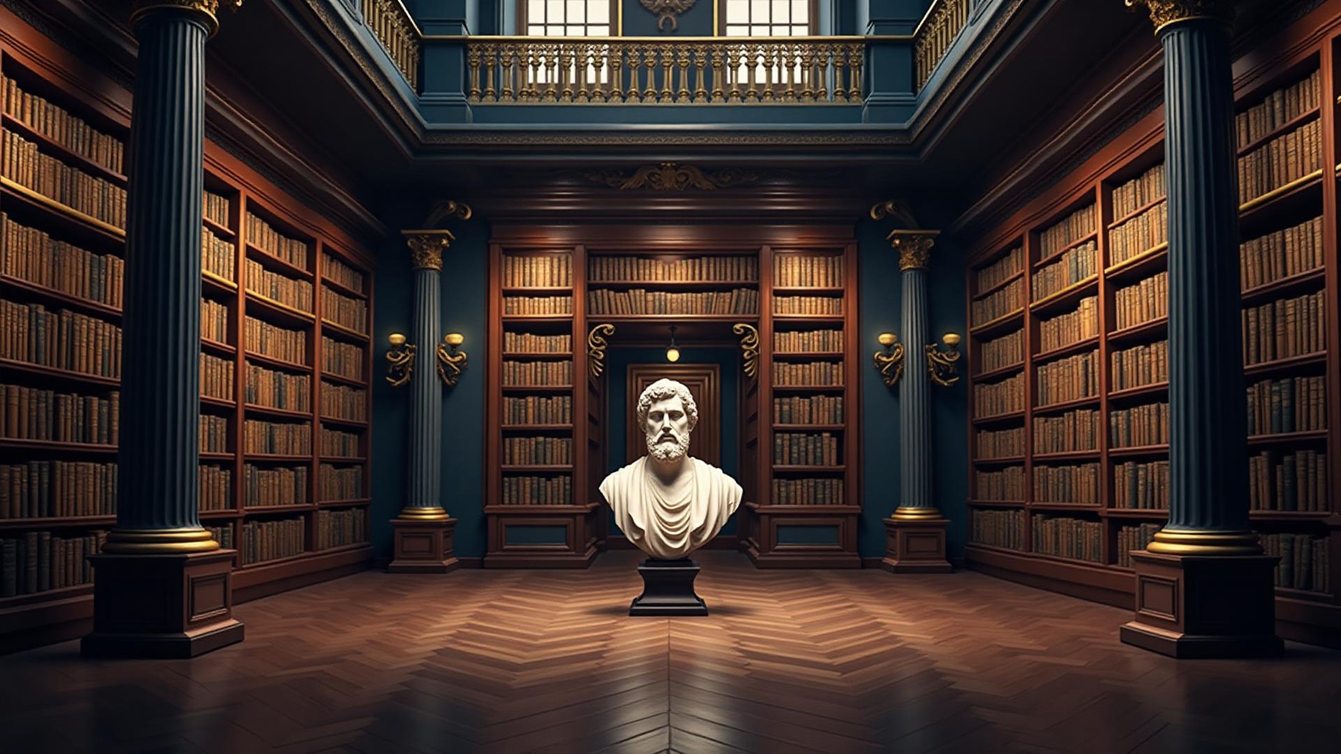 Classic library with a sculpted bust